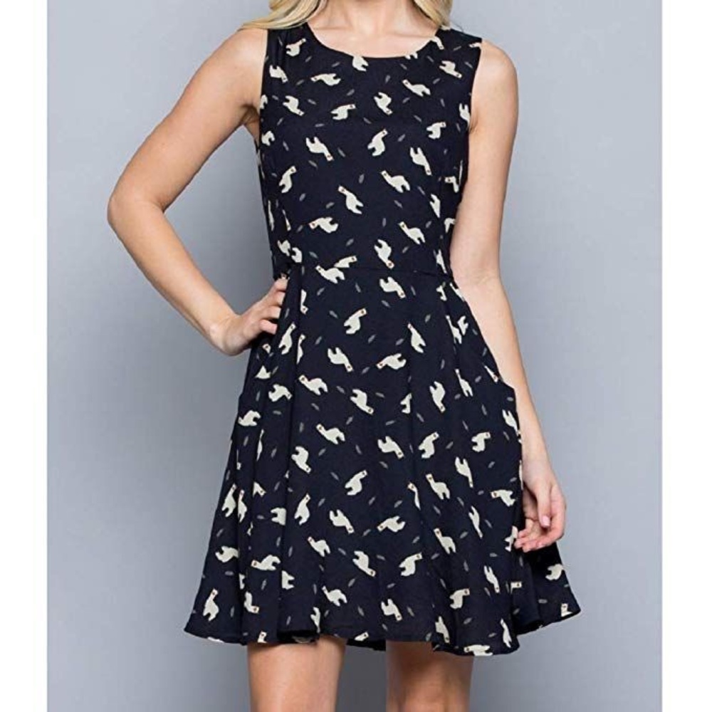 L.A Soul Navy Llama Print Knee Length Fit & Flare Dress w/ Pockets